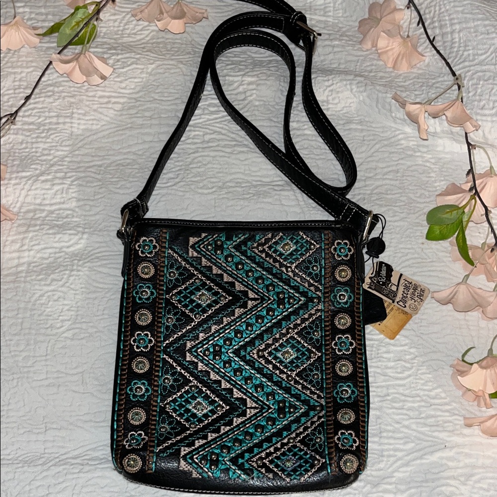 Embroidered Teal and Black Crossbody Bag by Unknown Brand
